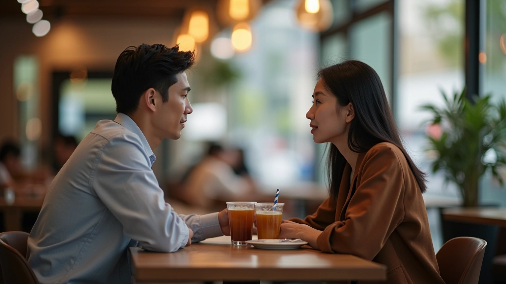 Two people in conversation at a cafe table, one person listening attentively with focused expression and open body language