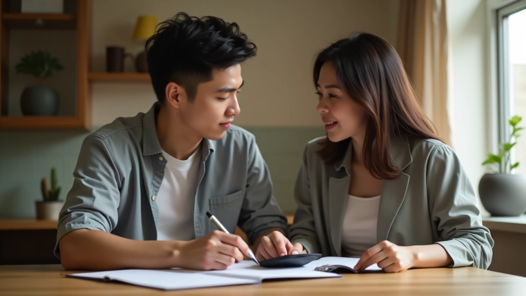 Couple sitting at wooden table with calculator, notepad, and financial documents, planning their savings strategy