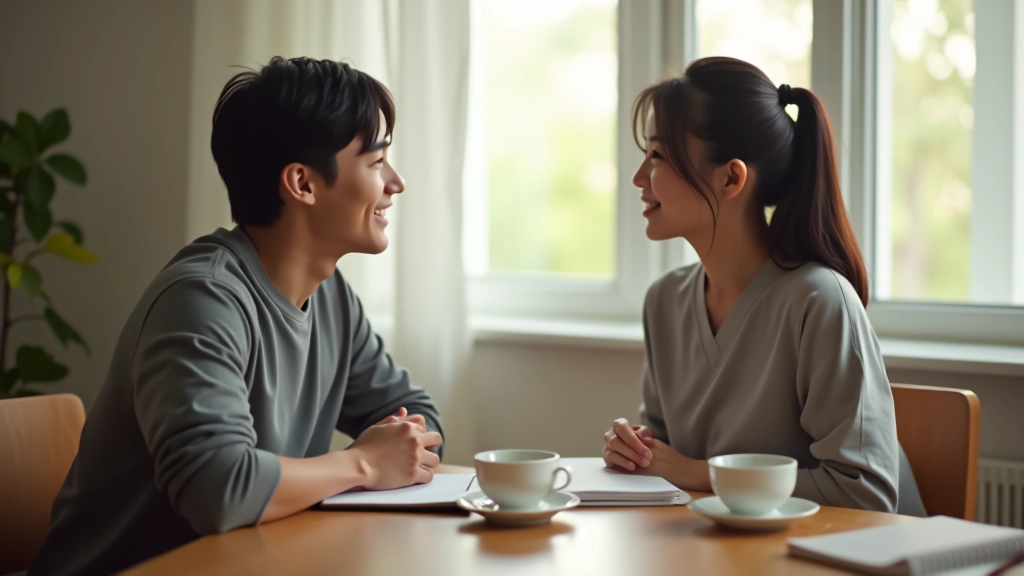 Couple sitting together at a dining table with notebooks and calm expressions, natural morning light through window, warm neutral tones