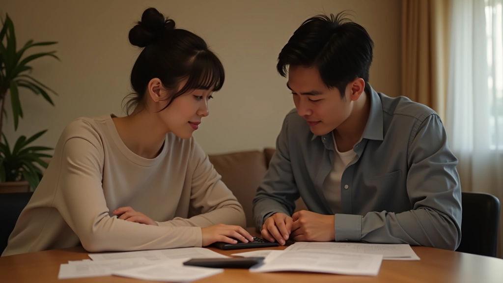 Couple reviewing financial plan together at home with documents and calculator