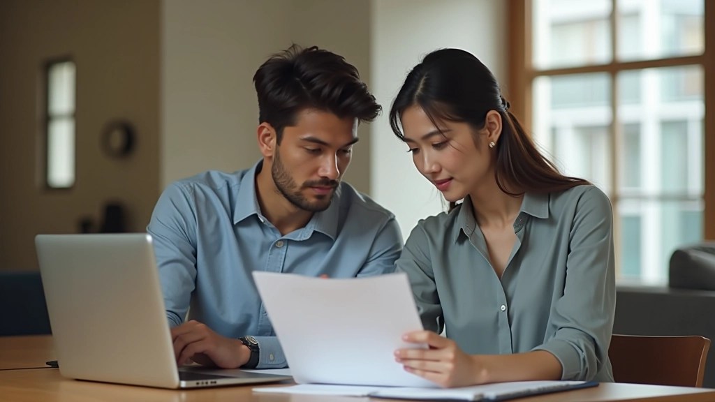 Two people reviewing financial documents together at home office desk with laptop and notebook