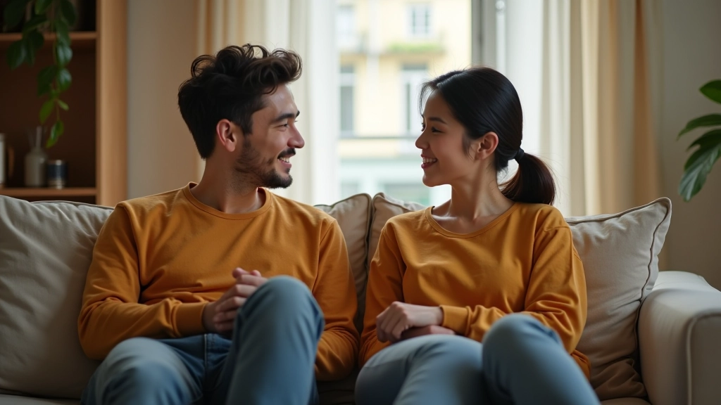 Couple having a calm conversation at home, both looking comfortable and engaged in discussion