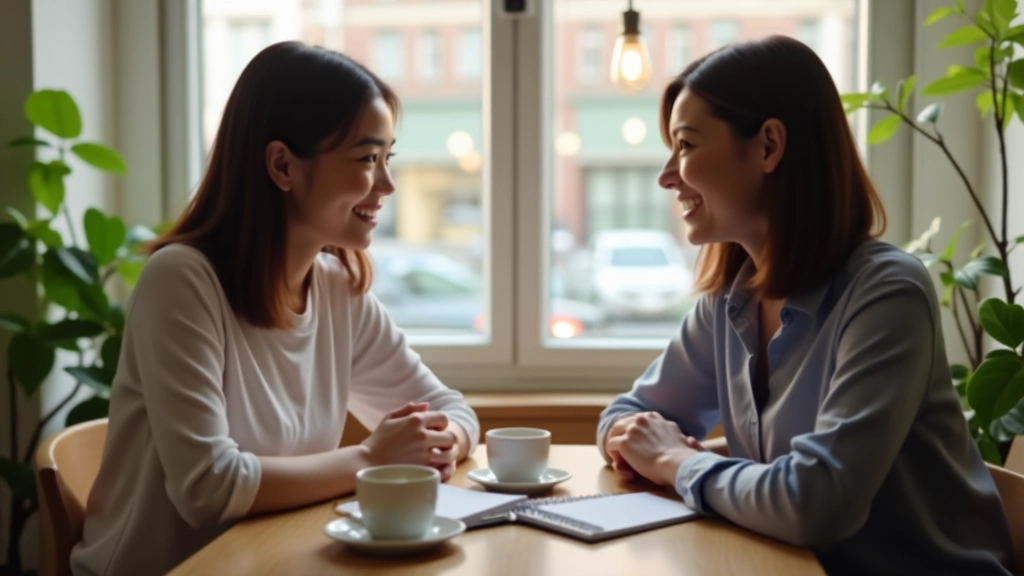 Two people having a conversation at a coffee shop table with notebooks, representing monthly financial review discussion