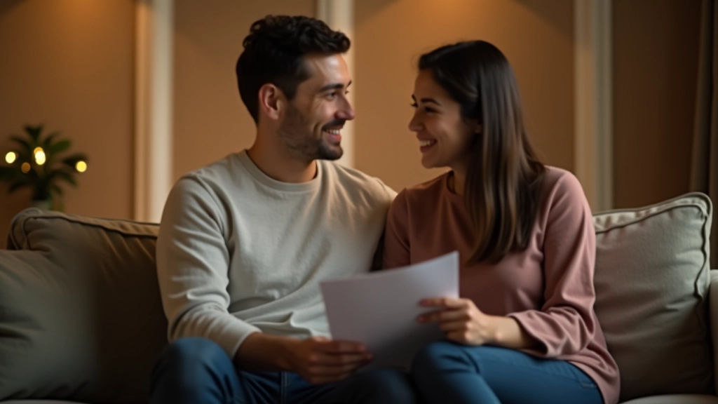 Couple sitting on couch together, looking at a document or plan, discussing and adjusting their approach