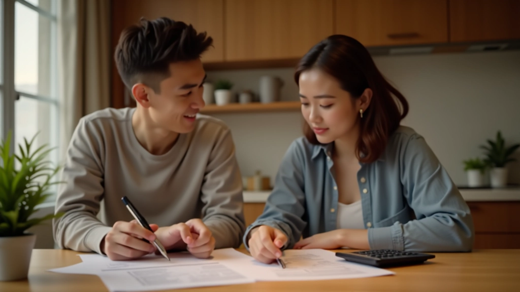 Couple discussing finances and bills at home, sitting together with documents and calculator