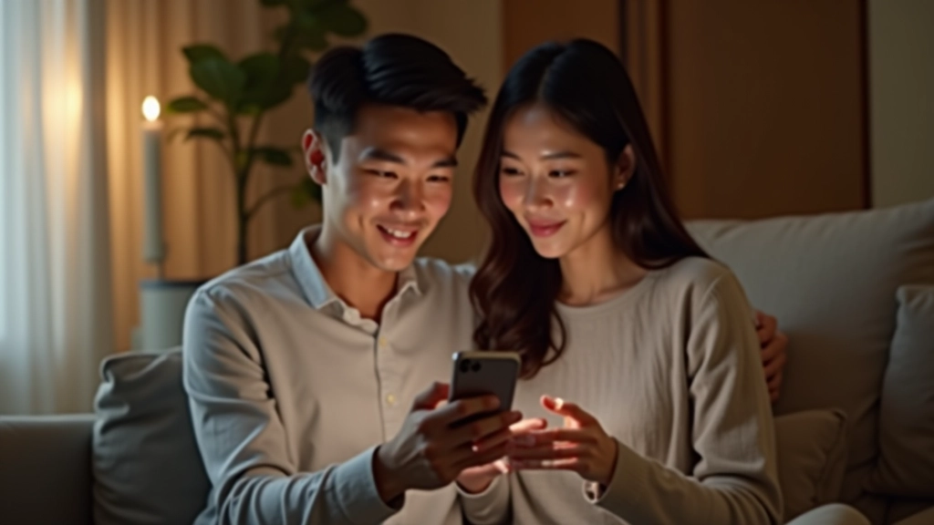 Woman and man looking at bank app on smartphone together showing single account balance and recent transactions
