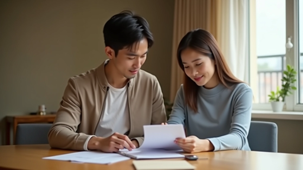 Two people sitting at a table reviewing financial documents and having a discussion about household expenses