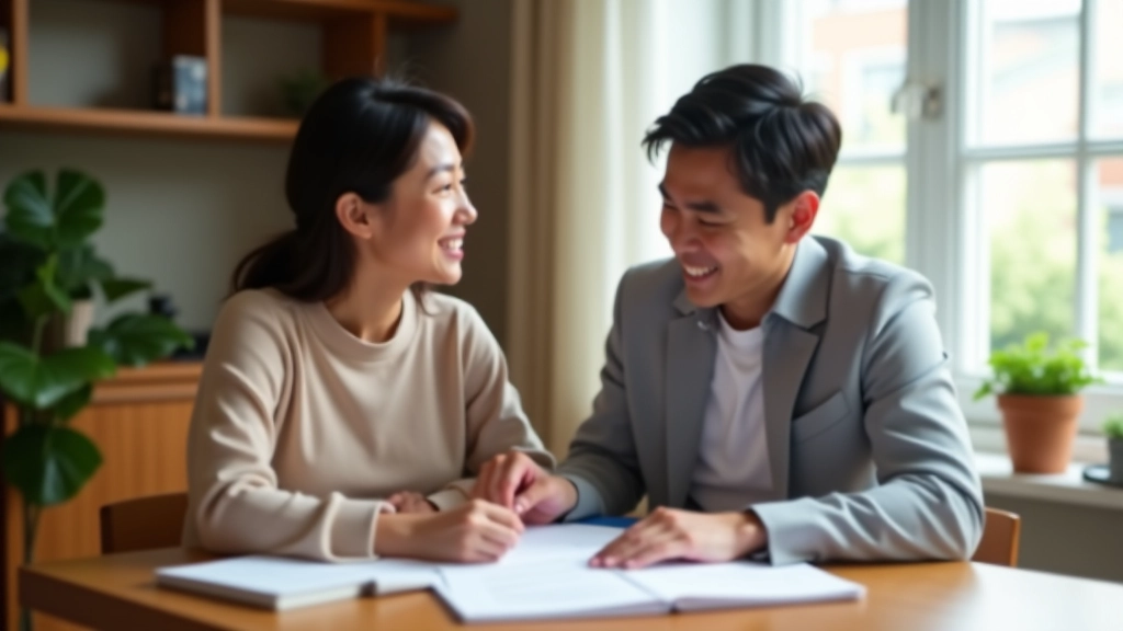Couple discussing finances together at home with documents and notebook
