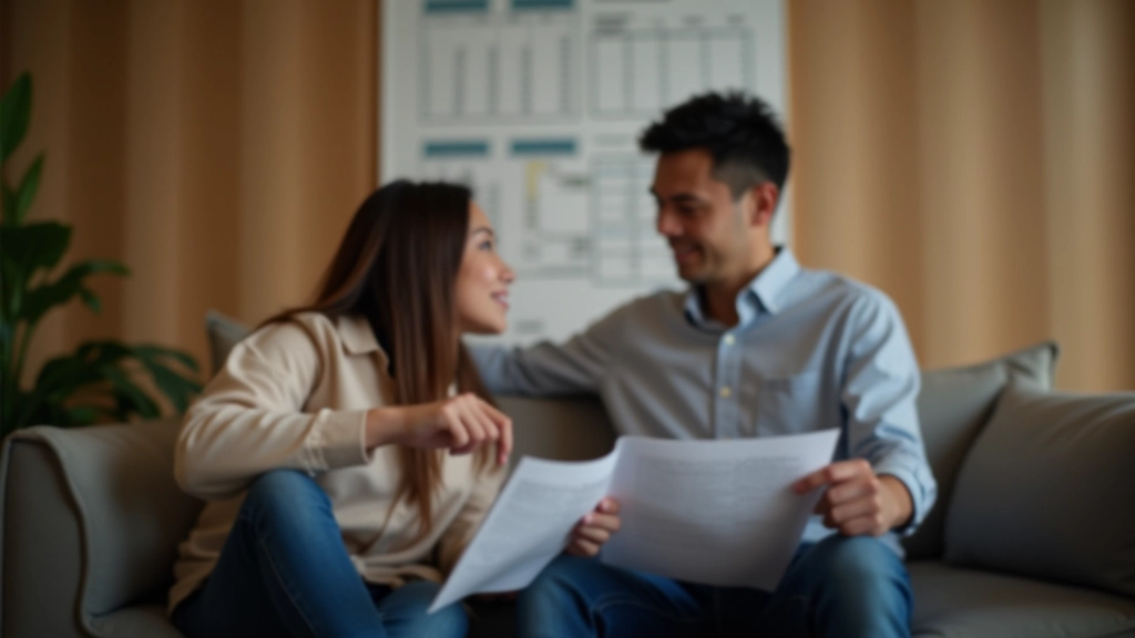 Couple reviewing financial documents together at table with focused expressions