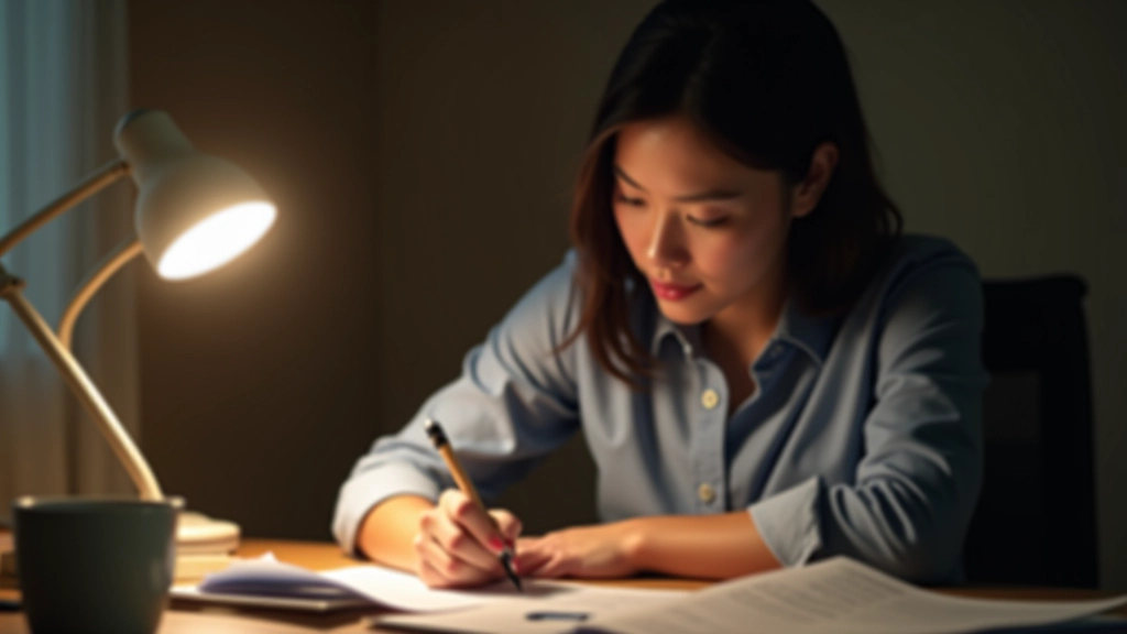 Person writing notes on a piece of paper while sitting at desk with organized folders and documents nearby