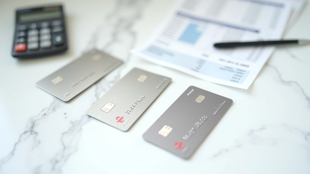Three separate bank cards displayed on marble surface with financial documents showing account divisions