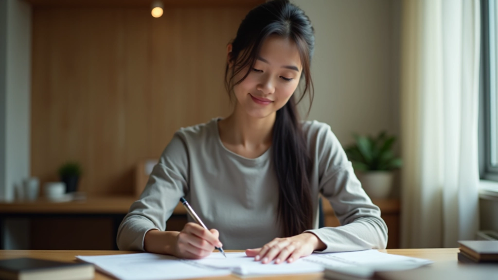 Woman planning finances with notebook and pen at home office desk